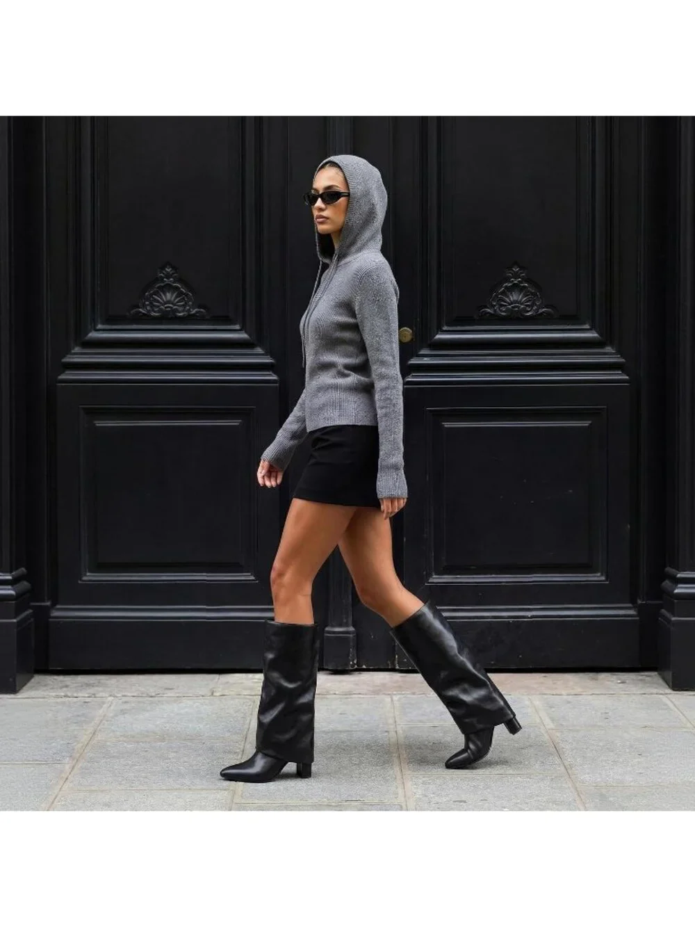 Women's Black Shaft Pointed Toe Chunky Heel Faux Leather Over The Knee High Boot